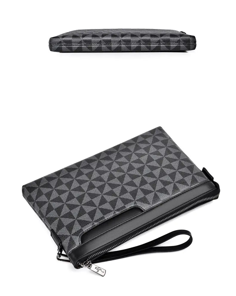 black and gray geometric-patterned men clutch bag made of pu leather with a wrist strap showcasing the pocket interior design