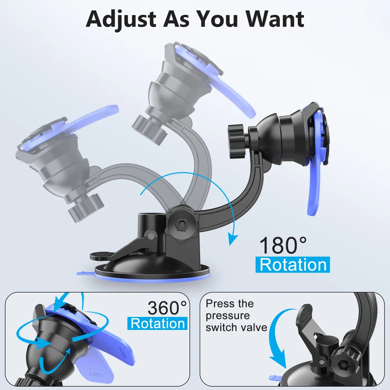 Black and blue adjustable car phone mount with 180° and 360° rotation capabilities designed as a dashboard holder.