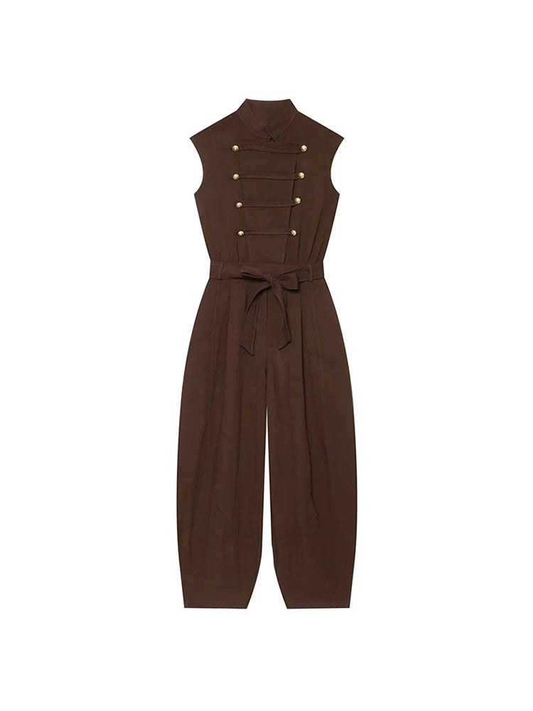 Women Long Jumpsuits 2026 Sleeveless Playsuits Elegant Solid Color Rompers Casual Stand Collar Belt Fashion Commuting Outfit