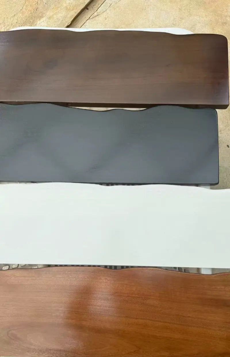 Four rustic dark brown wooden slabs with natural uneven edges featured as farmhouse wooden shelves live edge wall shelf.