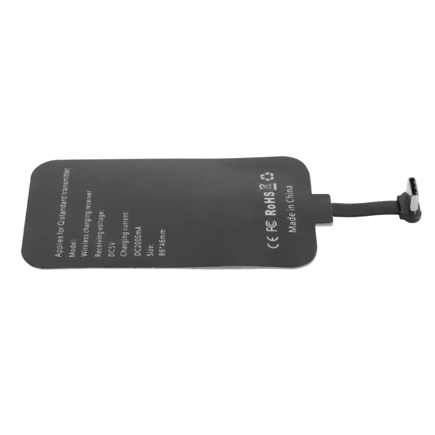black wireless charging receiver type-c 10w fast charger with usb-c cable extending from one end for efficient wireless charging