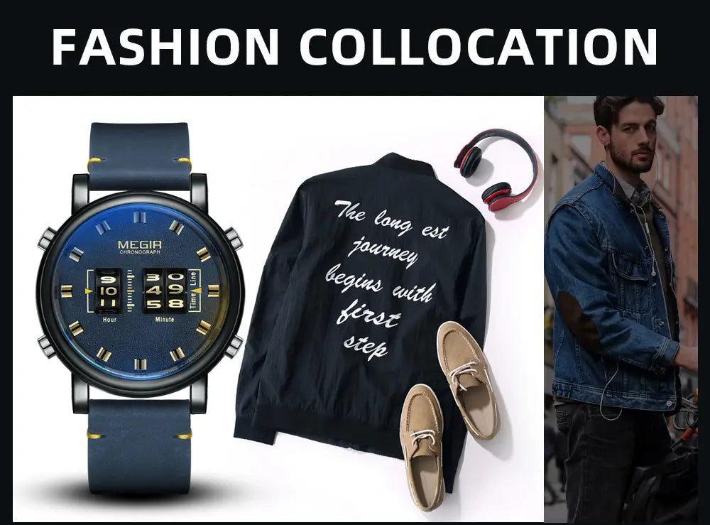 blue digital Megir military quartz watch with black casing and navy leather strap for durable everyday use