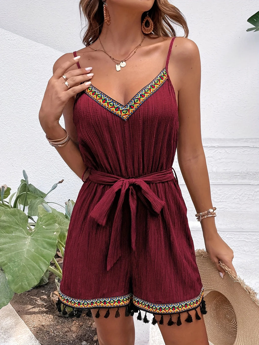 Ethnic Colorful Tassel Trim Texture Pure Color Strap Jumpsuit And Belt Short Pants One-Piece Suit with National Style Details