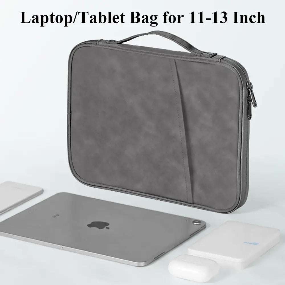 gray laptop tablet bag with a textured suede-like finish and top handle shown from the back in a pink laptop sleeve 11 to 13 inch padded case product image