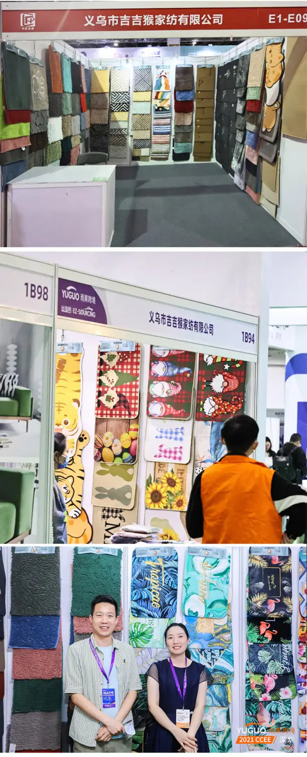 Échantillons de tissus à motifs colorés affichés sur le mur du stand au salon professionnel, mettant en avant les matériaux et les designs du tapis de bain antidérapant en mignon dessin animé Bubu Dudu