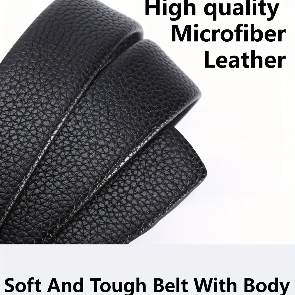 Mens automatic buckle leather belt in black microfiber leather with a textured pebbled surface and stitched edges.