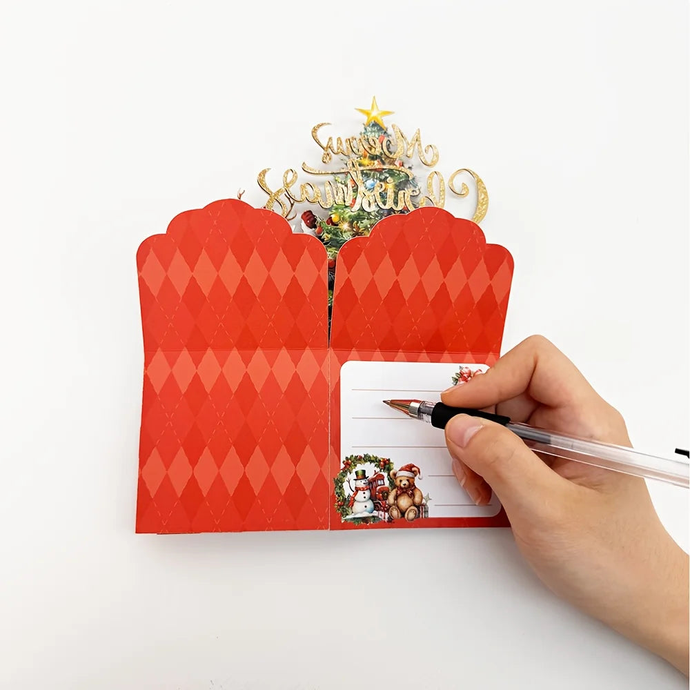 Christmas Tree Greeting Cards Santa Claus Reindeer Xmas Party Pop Up Card 3D Postcard with Envelope Holiday Decor Supplies 1pcs