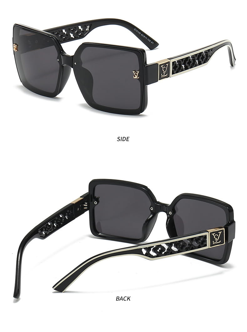 Lunettes de soleil carrées surdimensionnées : montures noires avec accents de logo LV ton or et finitions découpées complexes sur les branches, conçues pour une protection UV400 et un usage unisexe.