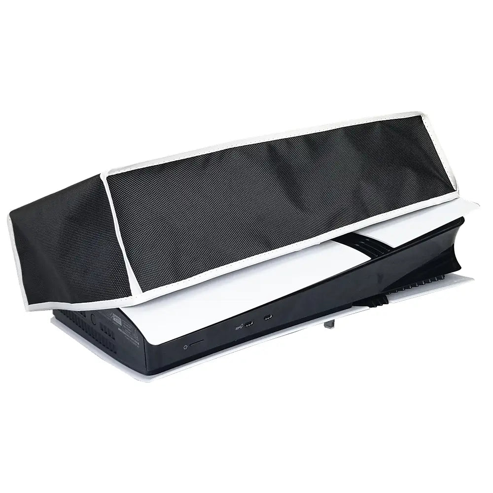 black mesh dust cover with white trim made of oxford cloth designed to fit over the ps5 pro console horizontally