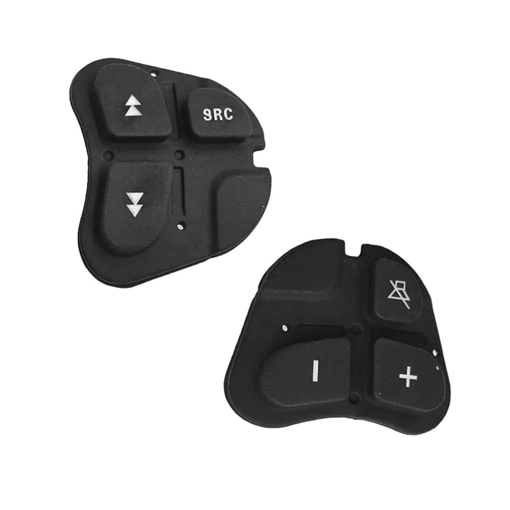 Boutons de commande audio du volant Alfa 147 en plastique noir présentant des boutons à flèches blanches et des boutons à symboles pour la commande de la climatisation du véhicule.