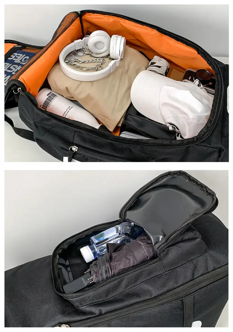 Black waterproof gym backpack and travel duffel bag with orange interior lining shown from the back side