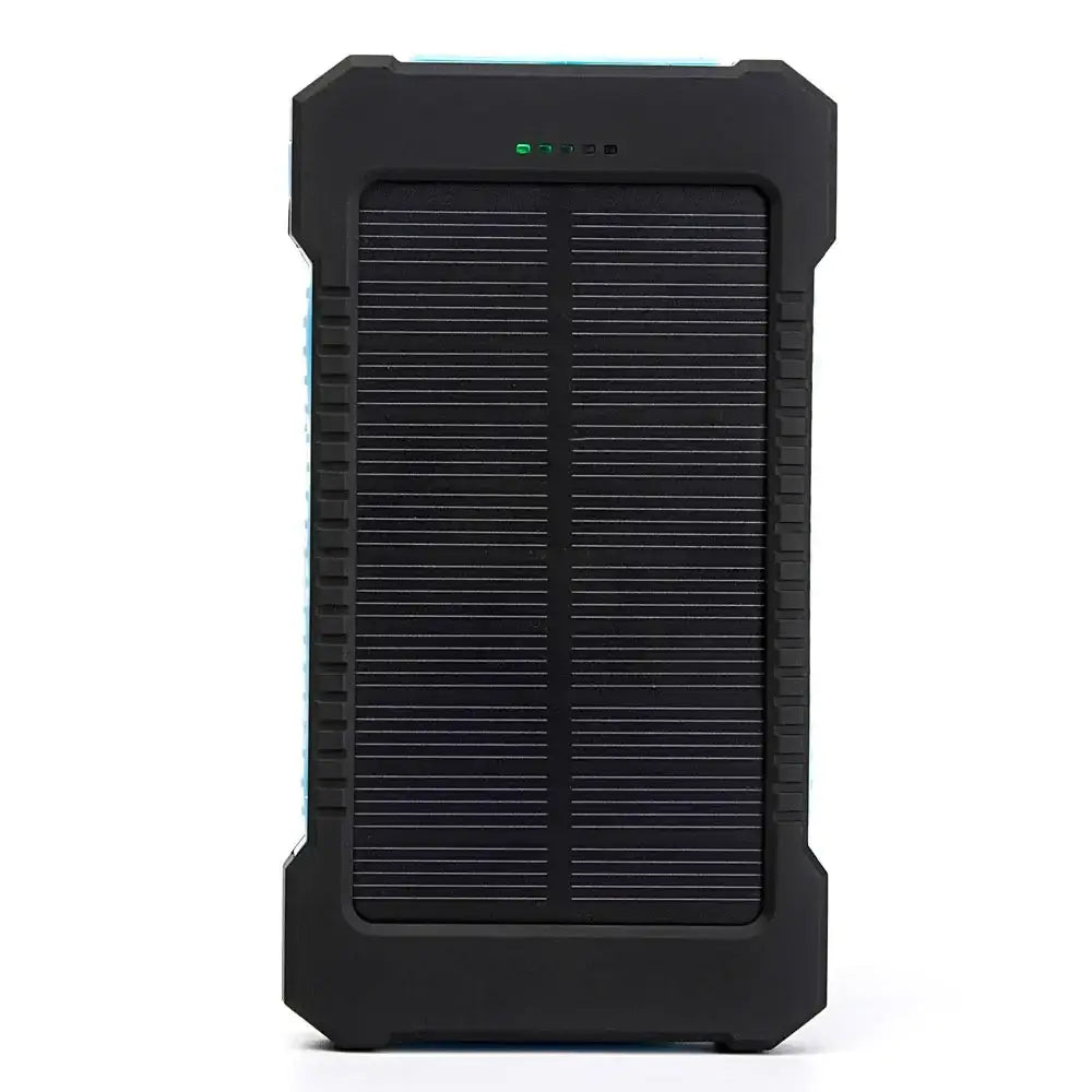 Black rugged solar-powered portable power bank with textured reinforced casing featuring two vertical solar panel photovoltaic cells and dc5v dual usb output