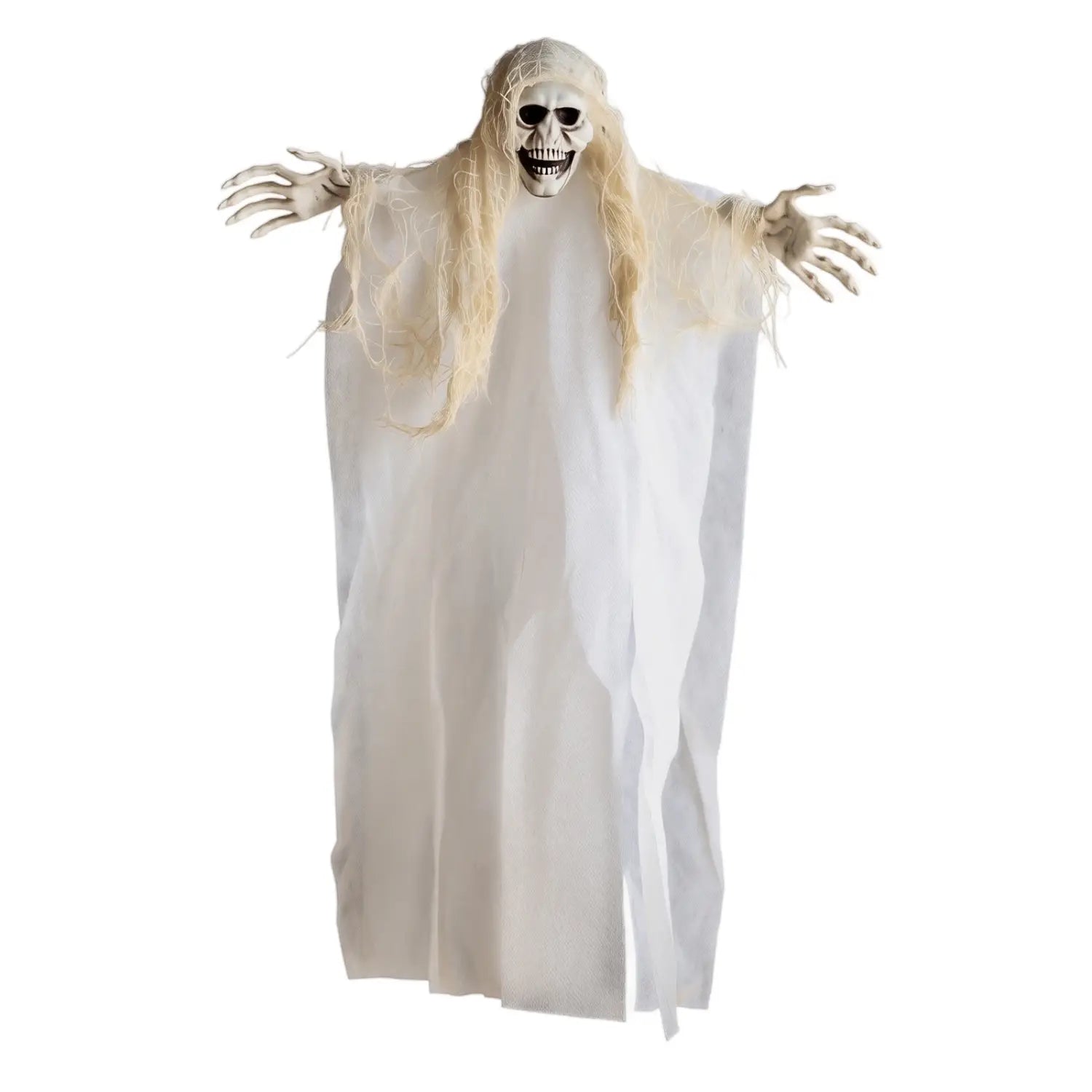Décoration d’Halloween suspendue en forme de squelette fantôme, accessoire suspendu de manière terriblement réaliste, avec un drap blanc flottant, de longs cheveux blonds et un visage squelettique, idéale pour la salle d’évasion et pour une utilisation en décoration suspendue d’Halloween.