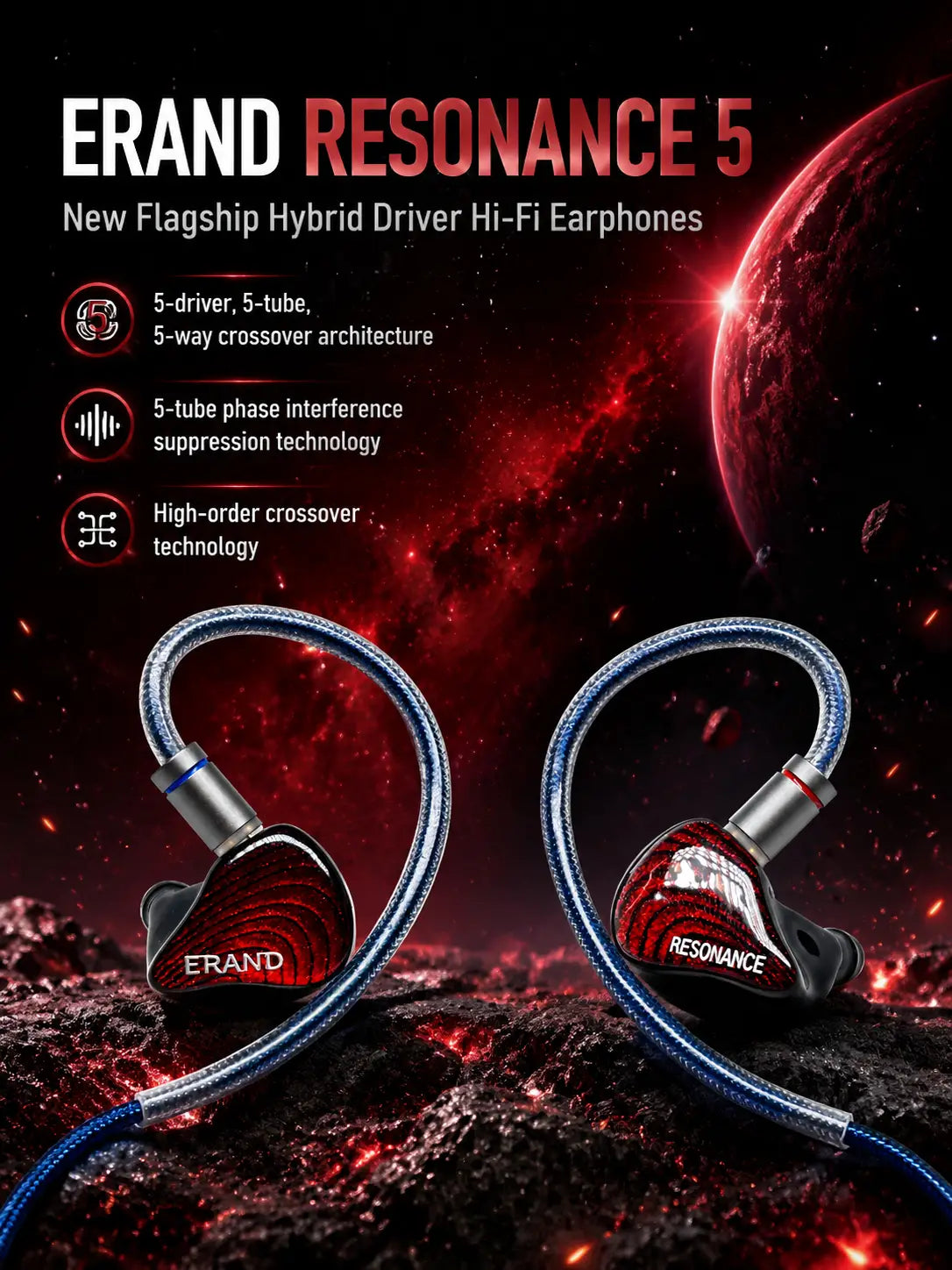 Casque intra-auriculaire hybride Erand Resonance 5 rouge et noir avec câble tressé bleu, doté d’un répartiteur 5 voies pour une réponse en fréquence améliorée et d’une technologie de crossover RLC.