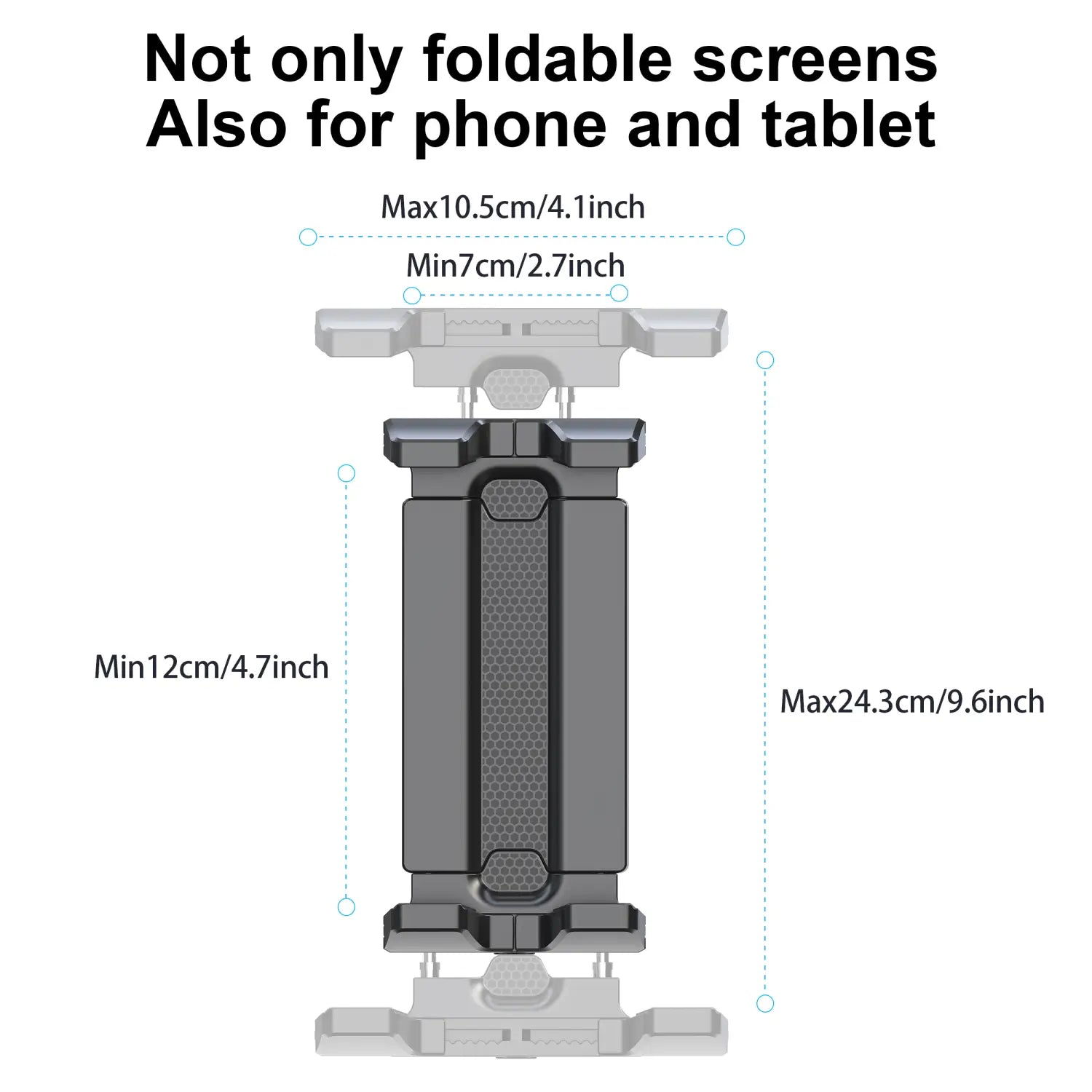 gray foldable tablet holder tripod with adjustable length and a textured central panel designed for universal phone and tablet mounting
