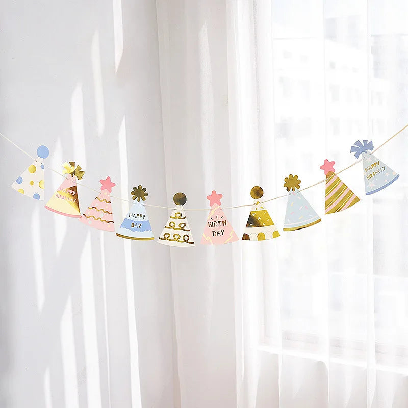 Baby Shower Birthday Hat Flags Children's Day Happy Birthday Party Decorations Photo Props Bunting Banners Fashion Paper Garland