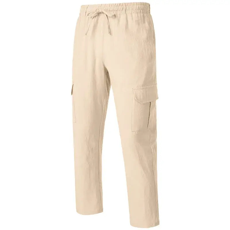 Pantalons cargo en lin beige pour hommes, avec une ceinture élastique et un cordon de serrage, comportant deux grandes poches latérales, conçus pour un port décontracté et ample.
