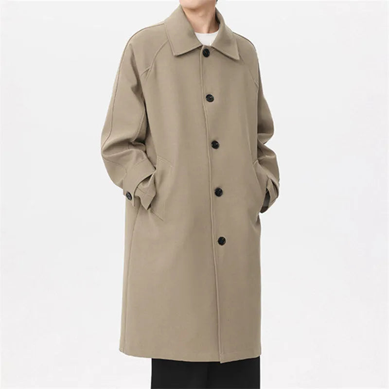 Trench Men Long Windbreaker Coat Fashion Business Casual Loose Solid Trench Mens England Style Turn Down Collar Jackets Outwear