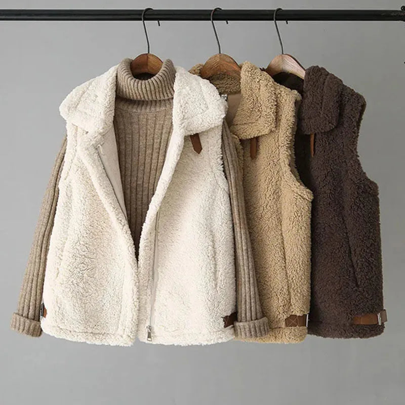 Women Vest Jacket Autumn Winter Lamb Wool Gilet Korean Fashion Sleeveless Waistcoat Solid Thick Warm Zipper Coat Chaleco Mujer