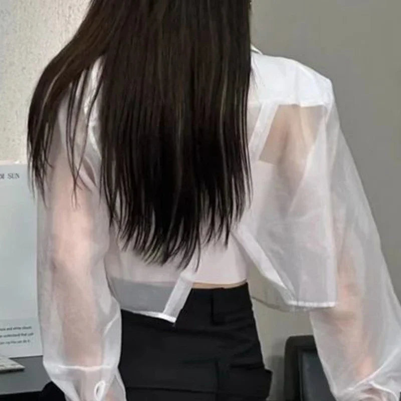 Sun-proof Blazers Women Cropped See-through Back-slit Summer Aesthetic Patchwork Streetwear Office Lady Fashionable Outwear 2025
