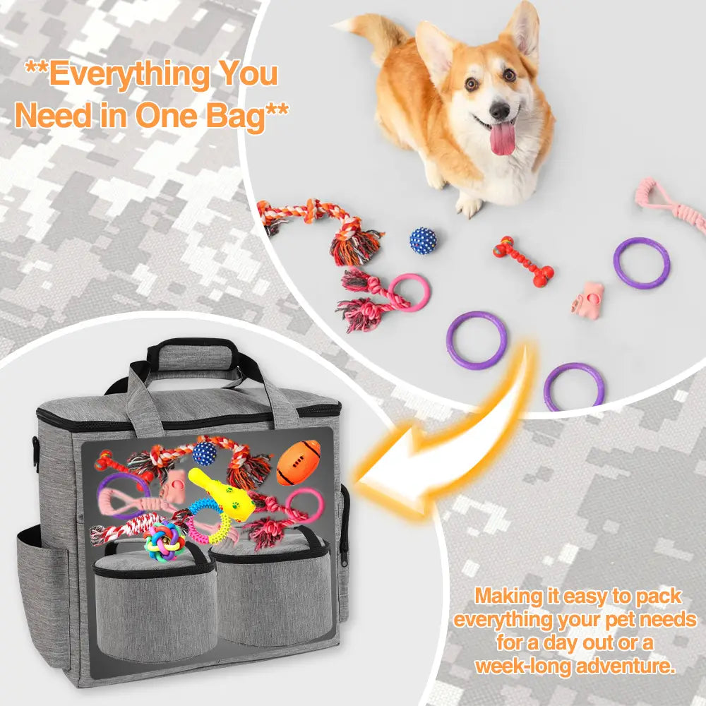 Sac de voyage pour chien en tissu pet gear gris, avec plusieurs compartiments, des poignées et une fermeture éclair, conçu pour contenir des jouets pour chien tels que des cordes, des balles et des anneaux.
