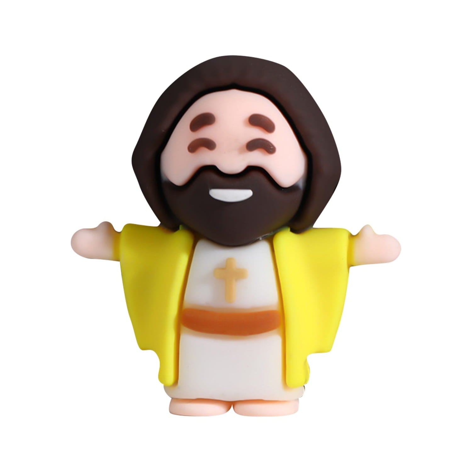 A cheerful cartoon-style mini Jesus figurine with brown hair and beard wearing a yellow robe over white clothing with an orange belt and gold cross designed as an Easter party favor in a set of 10 pieces.