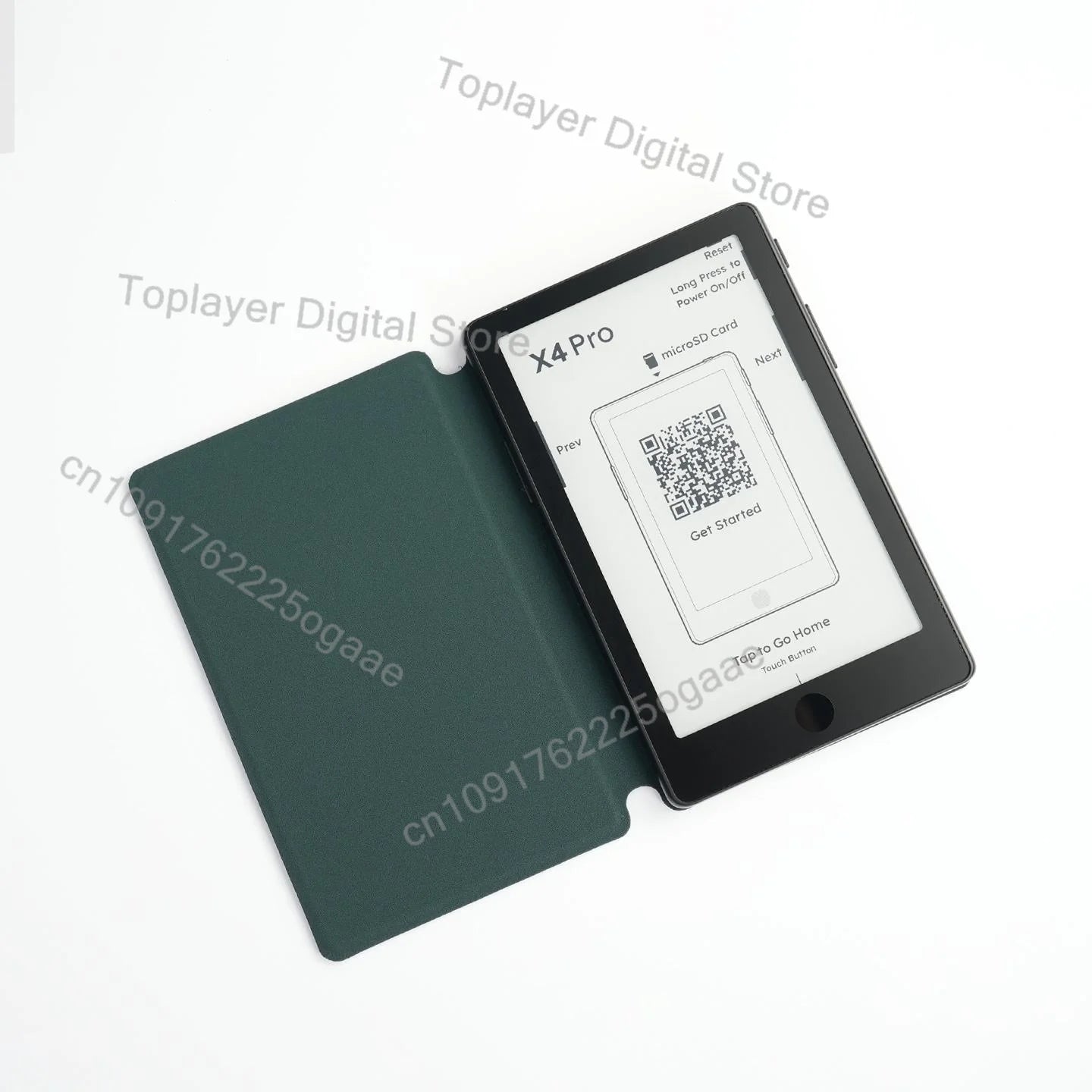 Black x4 pro e-reader with a dark green protective cover shown with the official original magnetic charging dock for xteink x4 pro.