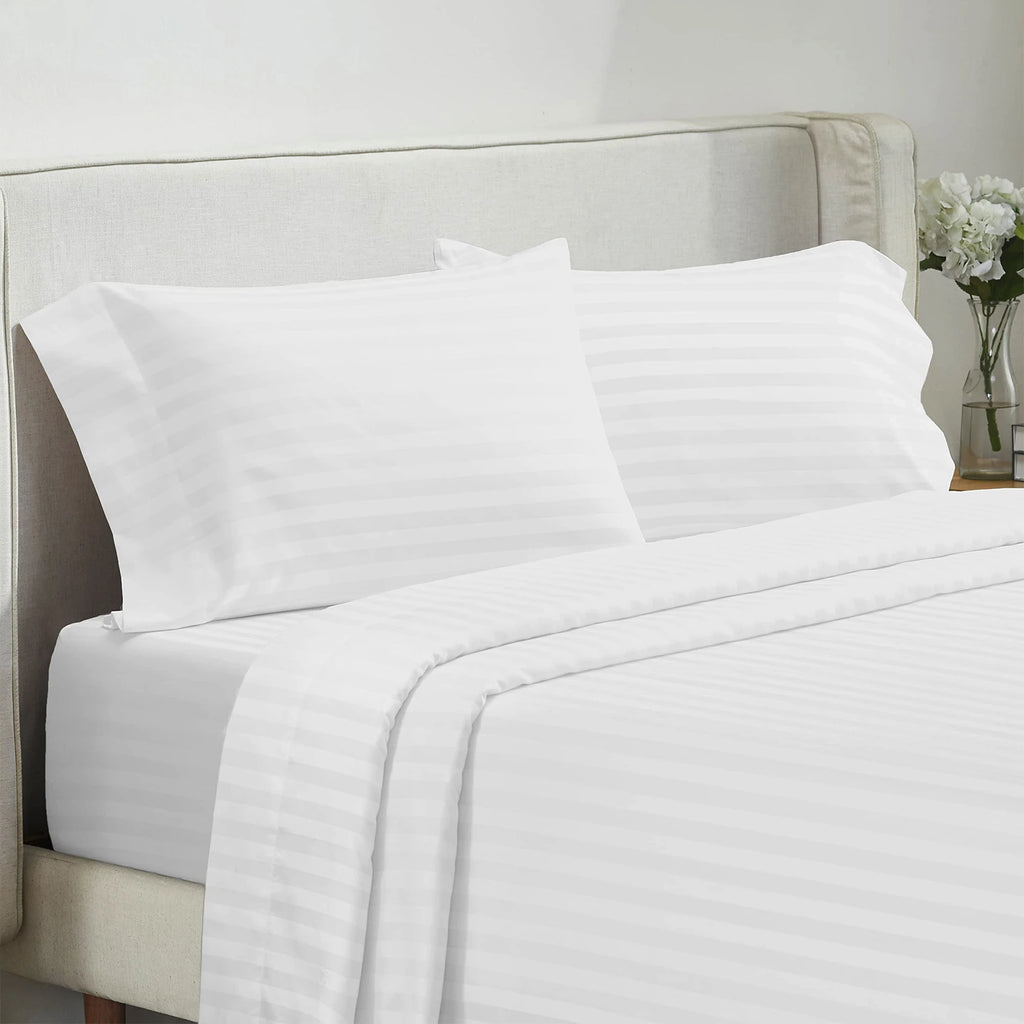 Battilo Bed Sheets 4 Pieces Set Luxury Fitted Flat Sheet with Pillowcases Solid Stripe Bedding Set For Twin Full Queen King Size