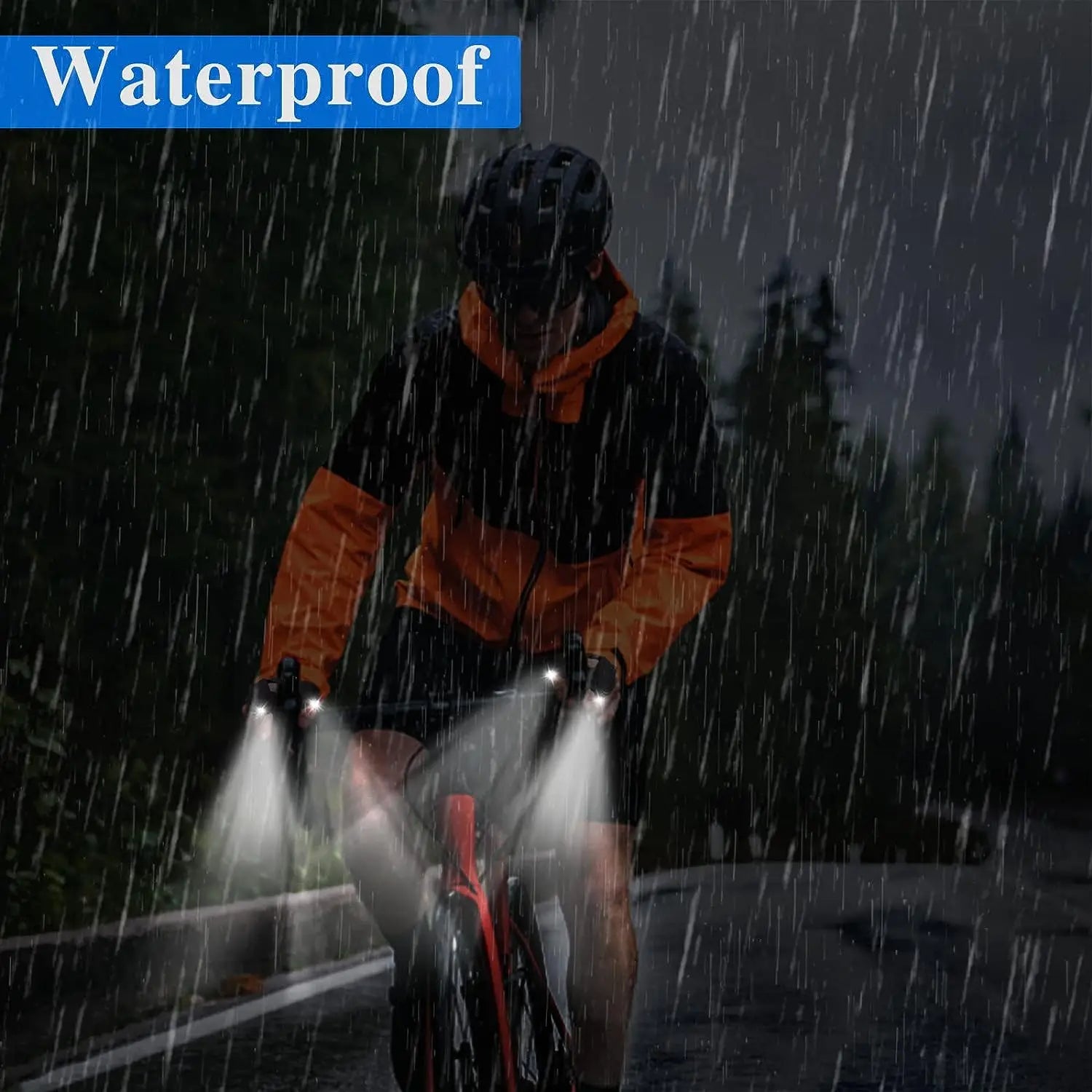 Schwarze und orangefarbene wasserdichte Fahrradjacke mit reflektierenden Streifen, von der Rückseite dargestellt, zur Verwendung beim Angeln in der Nacht im Freien