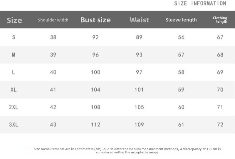 Size information chart for a women’s wool blend double breasted blazer displaying measurements in centimeters for sizes s through 3xl.