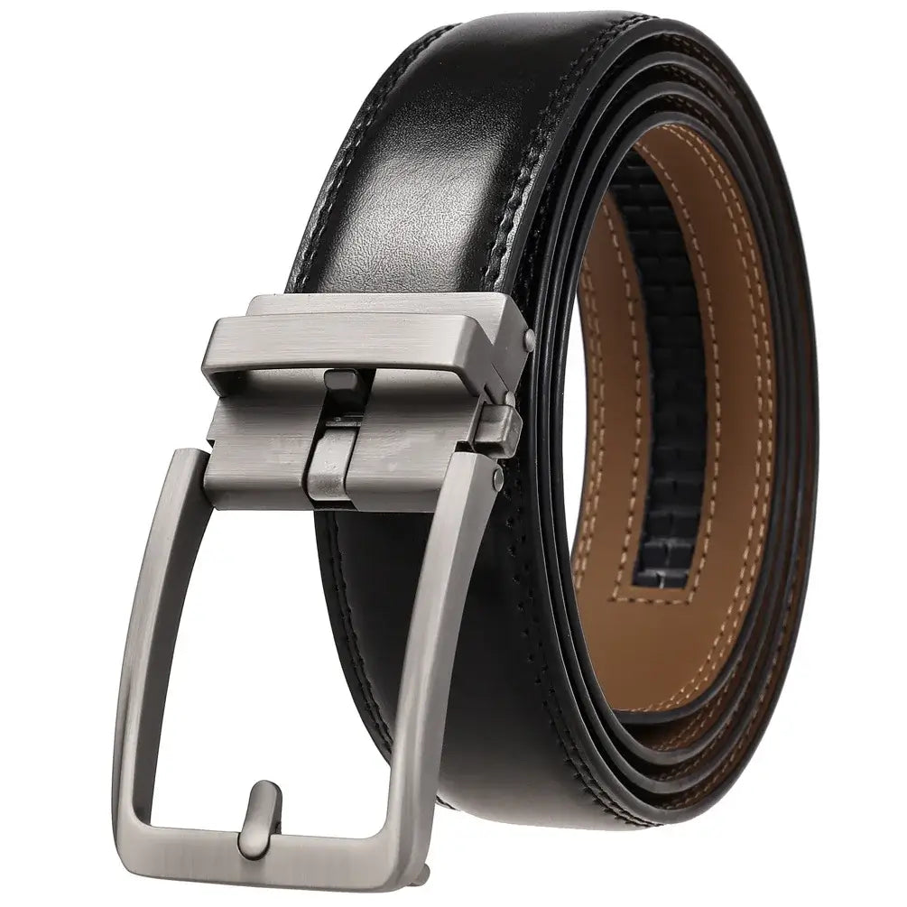 Black leather mens belt with a silver-toned reversible automatic buckle.