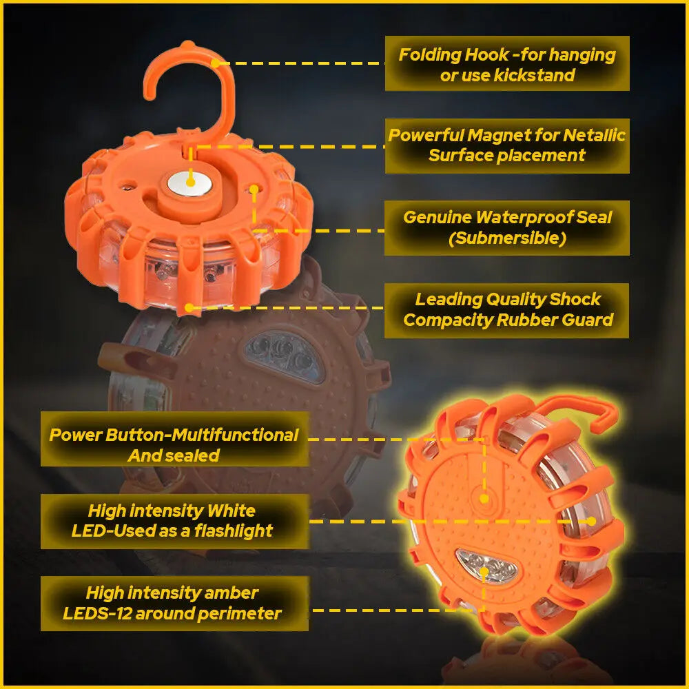 Bright orange led road flare emergency safety beacon strobe light with circular shape, folding hook, and durable rubber guard for enhanced protection.