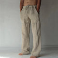 Men's Casual Pants Daily Wear Solid Summer Full Length Soft Linen Pants Mid Waist Pocket Drawstring Trousers Streetwear Bottoms