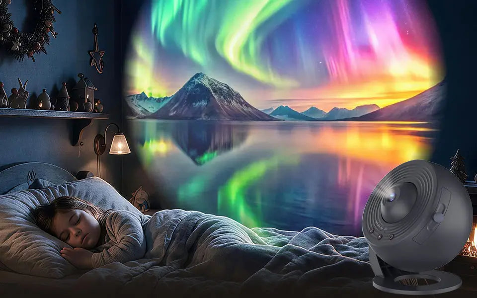 Grauer kugelförmiger Nachtlicht-Sternprojektor, der eine lebendige Nordlichter-Lichtshow mit 12 HD-Scheiben für stimmungsvolle Beleuchtung ausstrahlt