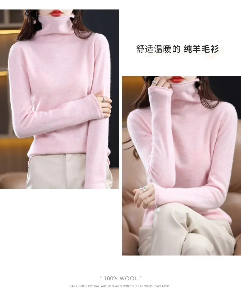 A soft pink merino wool turtleneck sweater for women made of 100 percent pure wool featuring a cozy and elegant design.