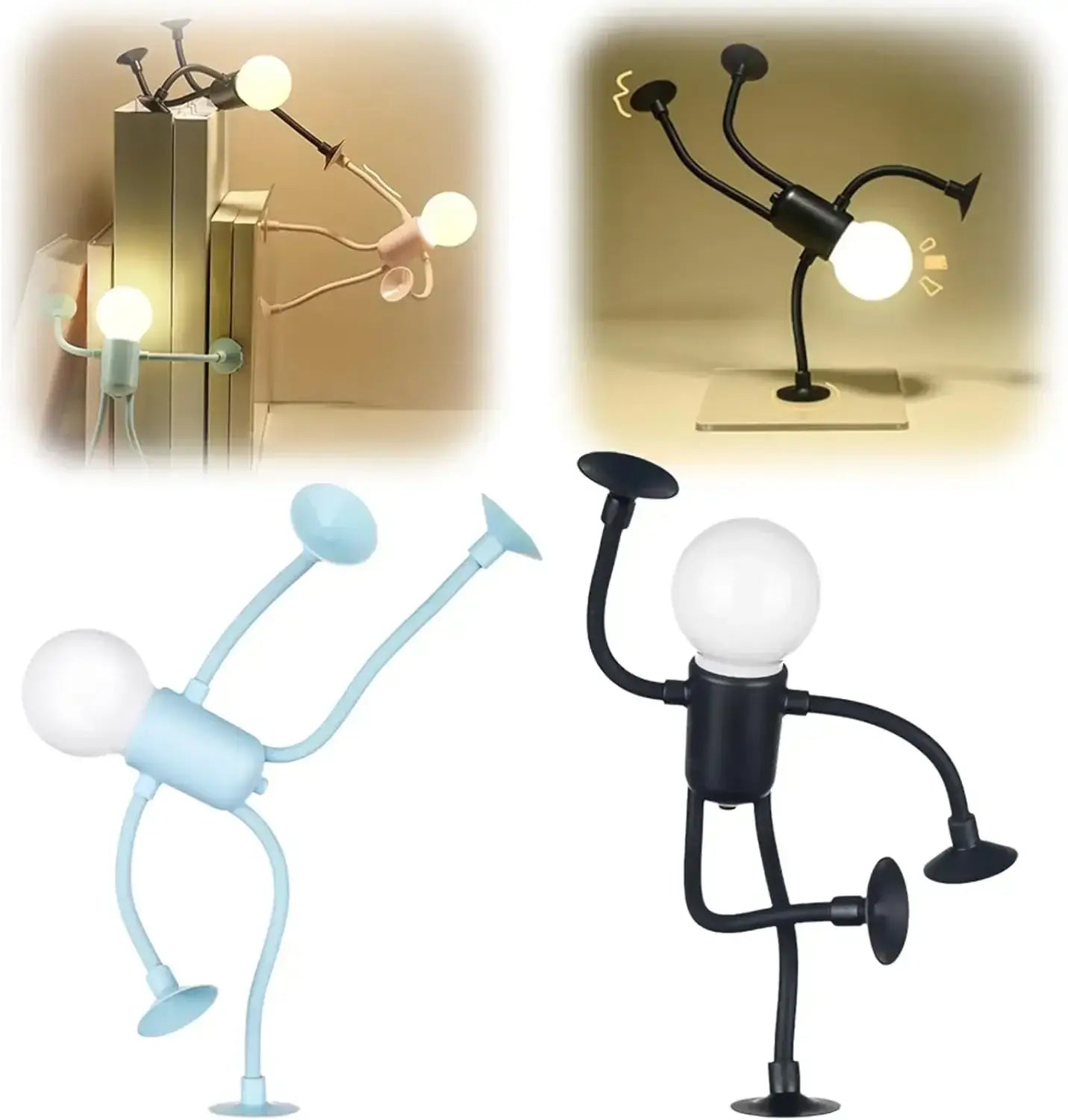 Schwarze und hellblaue gelenkige Figurenlampen mit kugelförmigen Köpfen und flexiblen Saugnapf-Gliedmaßen, entworfen als Nachtlicht mit veränderbarer Form, lustiges Athleten-Motiv, Schreibtischlampe, hergestellt in China