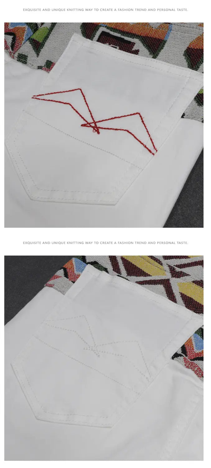 Men slim fit stretch white denim jeans featuring red geometric embroidery on the front pocket.