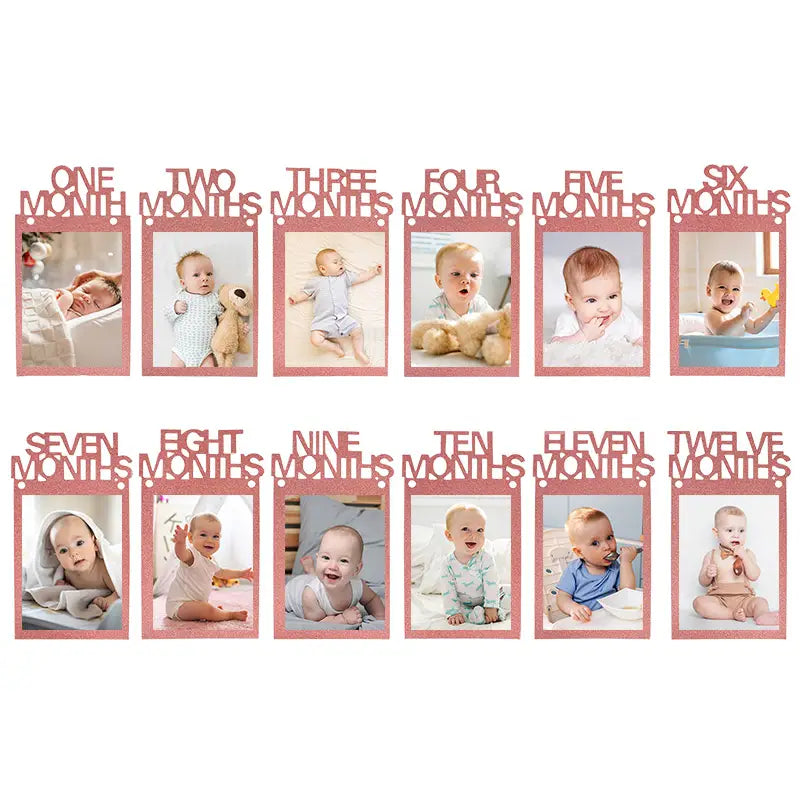 Rose gold glitter baby milestone photo frame set with twelve slots for monthly photos designed as a 1st birthday photo banner monthly picture garland.