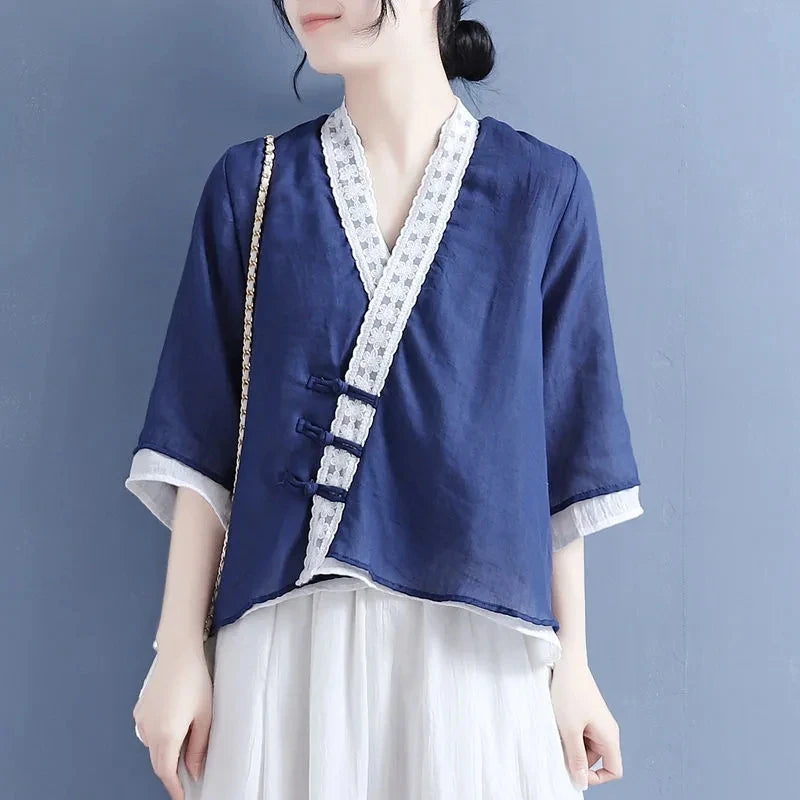Ethnic Styly Women Tops New Summer Slanted Lapel Three-quarter Sleeve Shirts Vintage Lace V-Neck Loose Cotton Linen Shirt Blouse