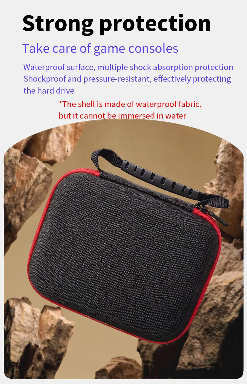Ayn Thor Schutz-Hartschalenkoffer in Rot und Schwarz aus wasserdichtem Material mit schwarzem Tragegurt zum Schutz von Spielekonsolen.