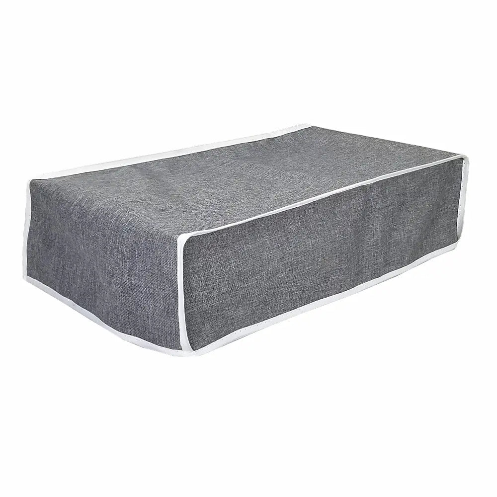 Gray textured fabric storage bag with white trim made of oxford cloth for ps5 pro console horizontal dust cover.