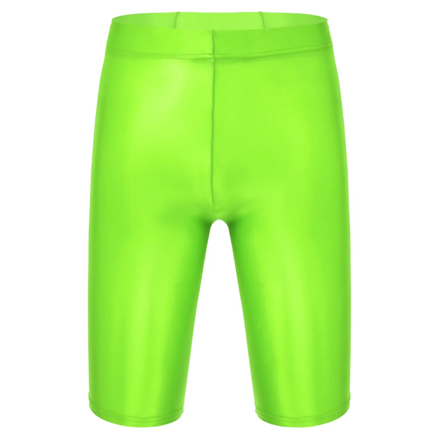 Shorts de bicicleta de tejido brillante verde neón, que complementan la camiseta de compresión para hombre de manga larga y acabado brillante para uso atlético