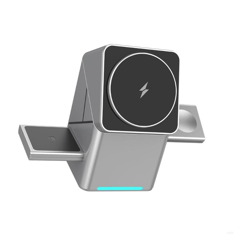 Drahtlose drehbare Ladestation für Smartphones aus silbernem Metall mit einem schwarzen, kreisförmigen Pad mit einem weißen Blitzsymbol und einer blau leuchtenden LED-Anzeige am Sockel.