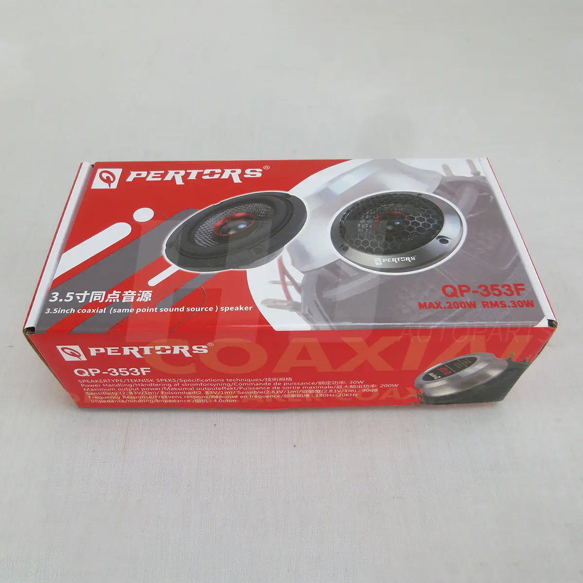 Red and silver Pertors qp-353f 3.5 inch car coaxial speaker box with black cone red accents and honeycomb grille design rated 200w.