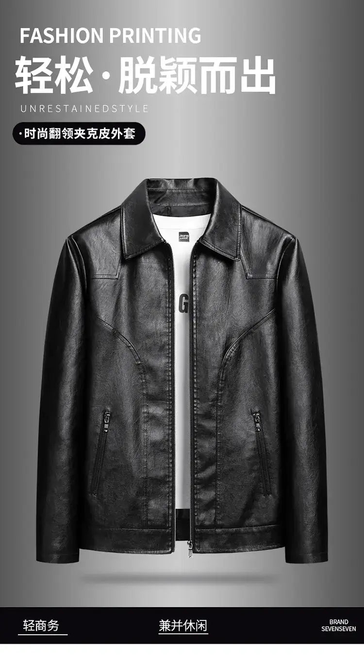 black faux leather men’s moto jacket with classic collar and front zipper closure in light green color