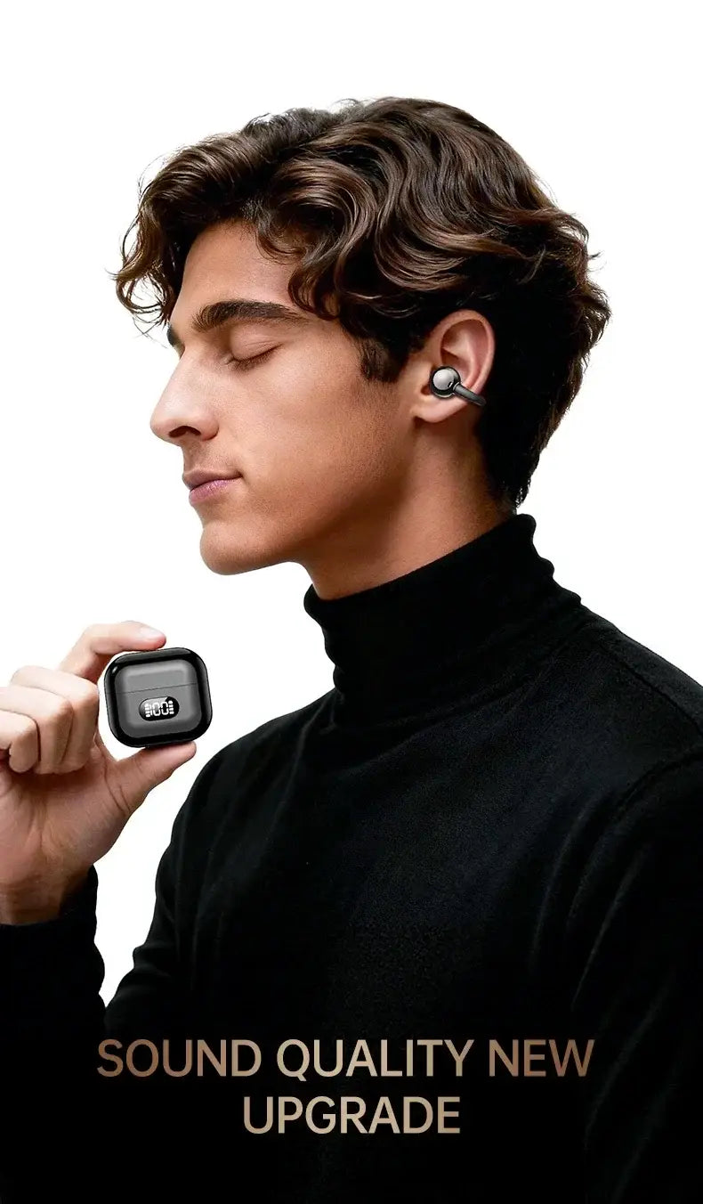 Boîtier de charge pour écouteurs sans fil à pince d’oreille en forme carrée noire, finition brillante et logo nordique, conçu pour le boîtier de charge des écouteurs sans fil à pince d’oreille
