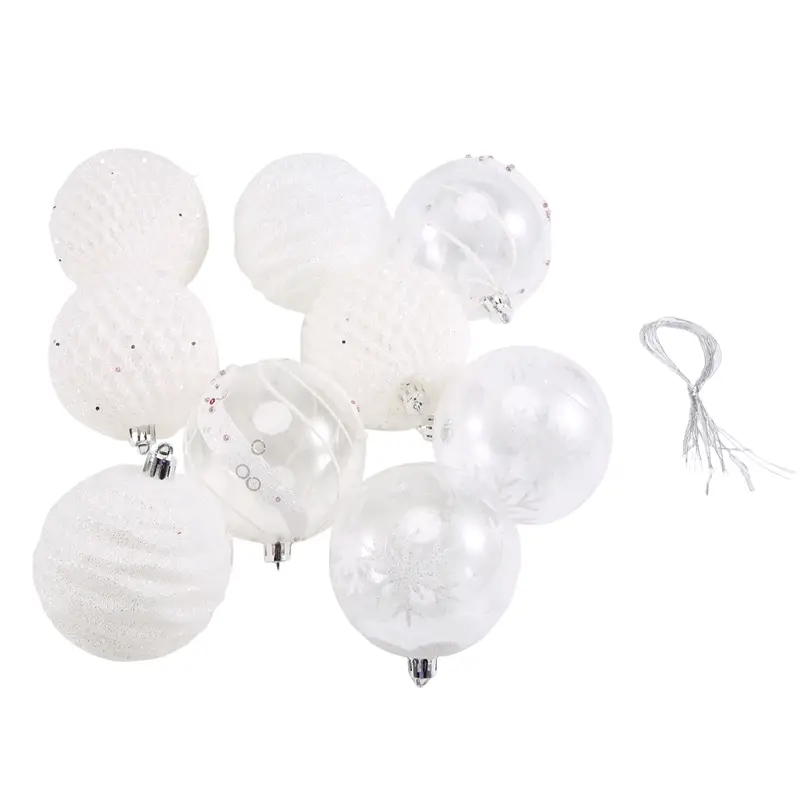 Set of white shatterproof Christmas baubles with assorted textures and subtle silver accents for tree ornaments.