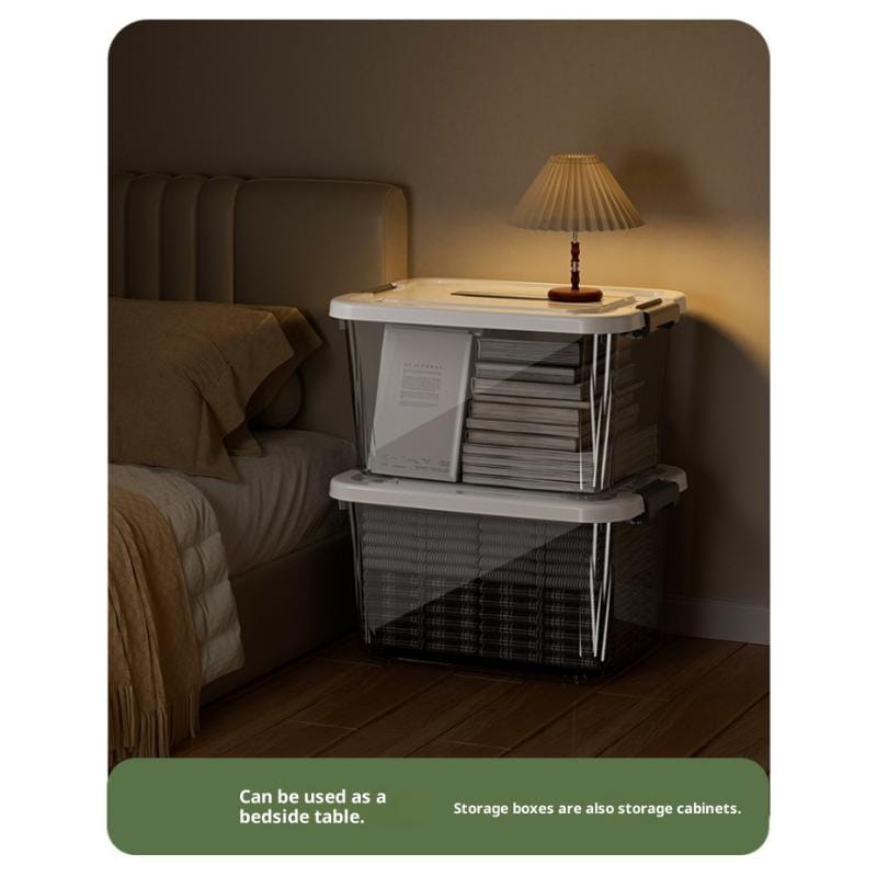 Bacs de rangement en plastique blanc avec côtés transparents, fonds en maille noire et couvercle de boîte, taille environ adaptée à un usage sur table de chevet