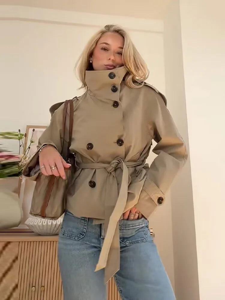 Fashion Belt Short Trench Coat Women Stand Collar Double Breasted Long Sleeve Jacket 2026 Spring Autumn New Lady Street Outwear