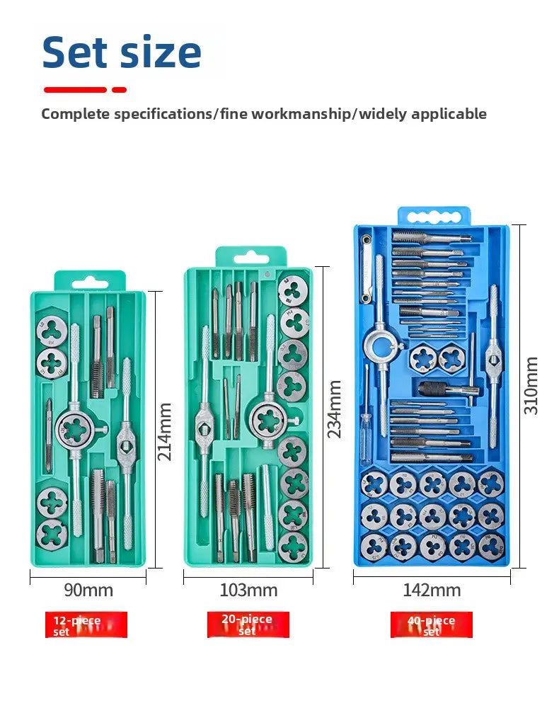 blue plastic case containing a 40-piece set of metal threading tools in a tap and die set thread cutting tool kit